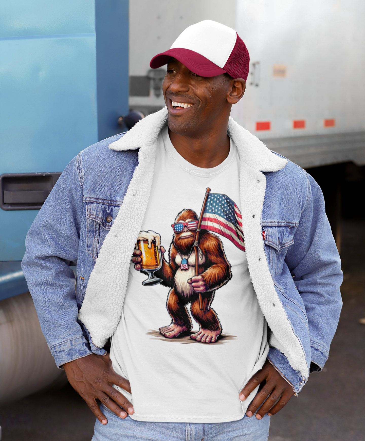 Άνδρας με τζιν μπουφάν και καπέλο φοράει λευκό t-shirt με σχέδιο Bigfoot που κρατά μπύρα και αμερικανική σημαία, γελώντας σε εξωτερικό χώρο δίπλα σε φορτηγό.