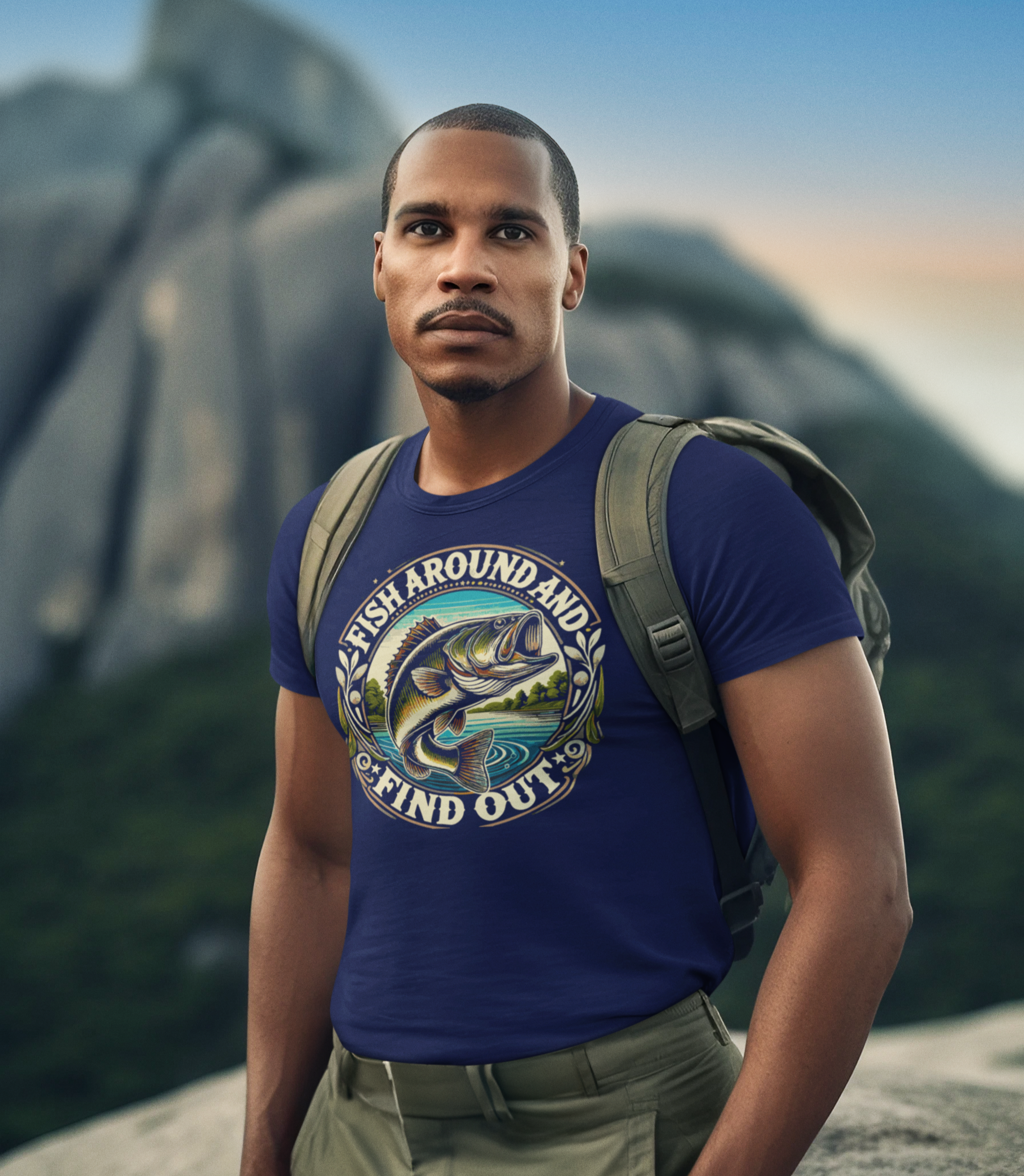 Άνδρας σε βουνό φορά navy μπλουζάκι με σχέδιο ψαριού και την επιγραφή “Fish Around and Find Out”