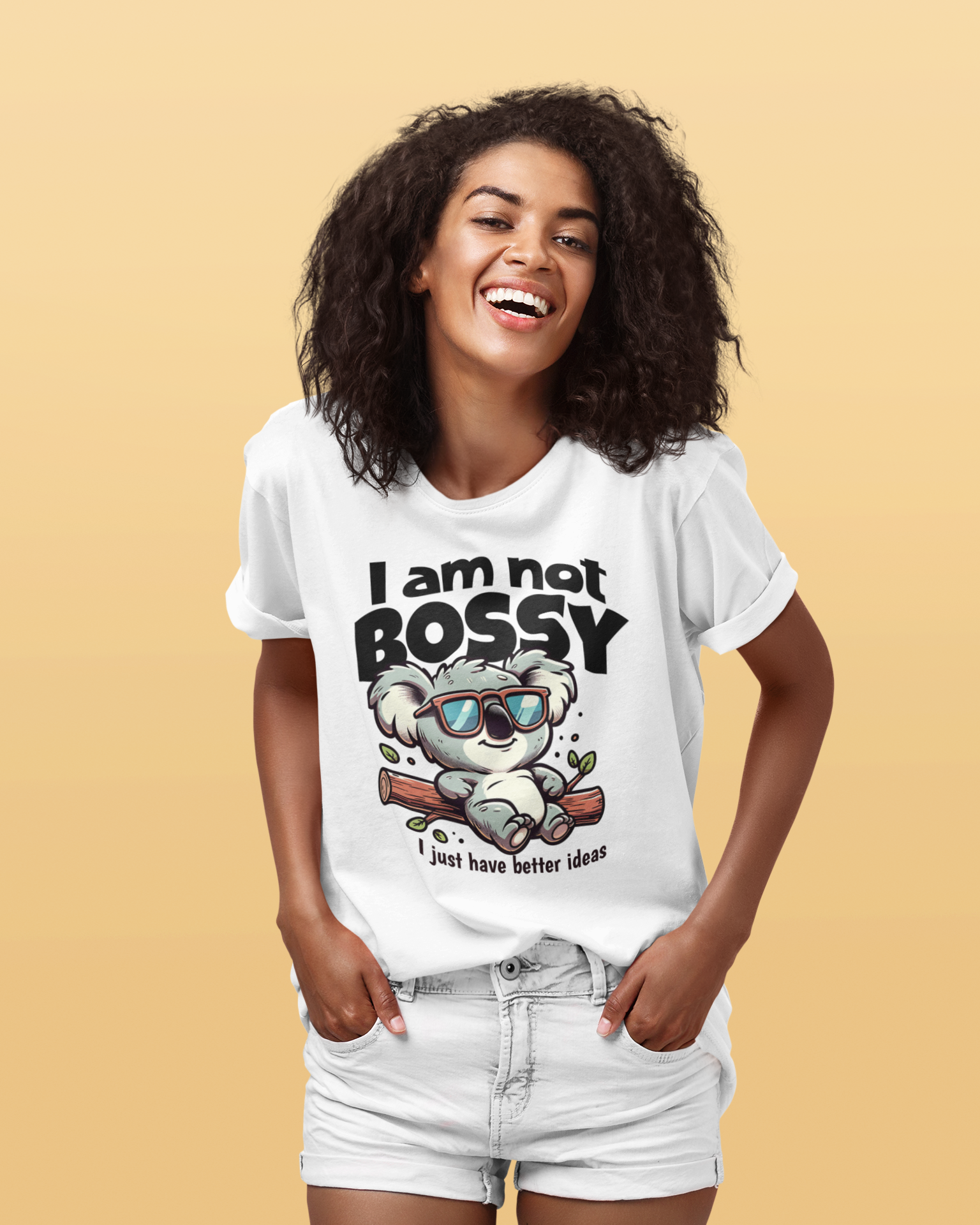 Γυναικείο λευκό t-shirt με στάμπα "I Am Not Bossy I Just Have Better Ideas" και σχέδιο κοάλα