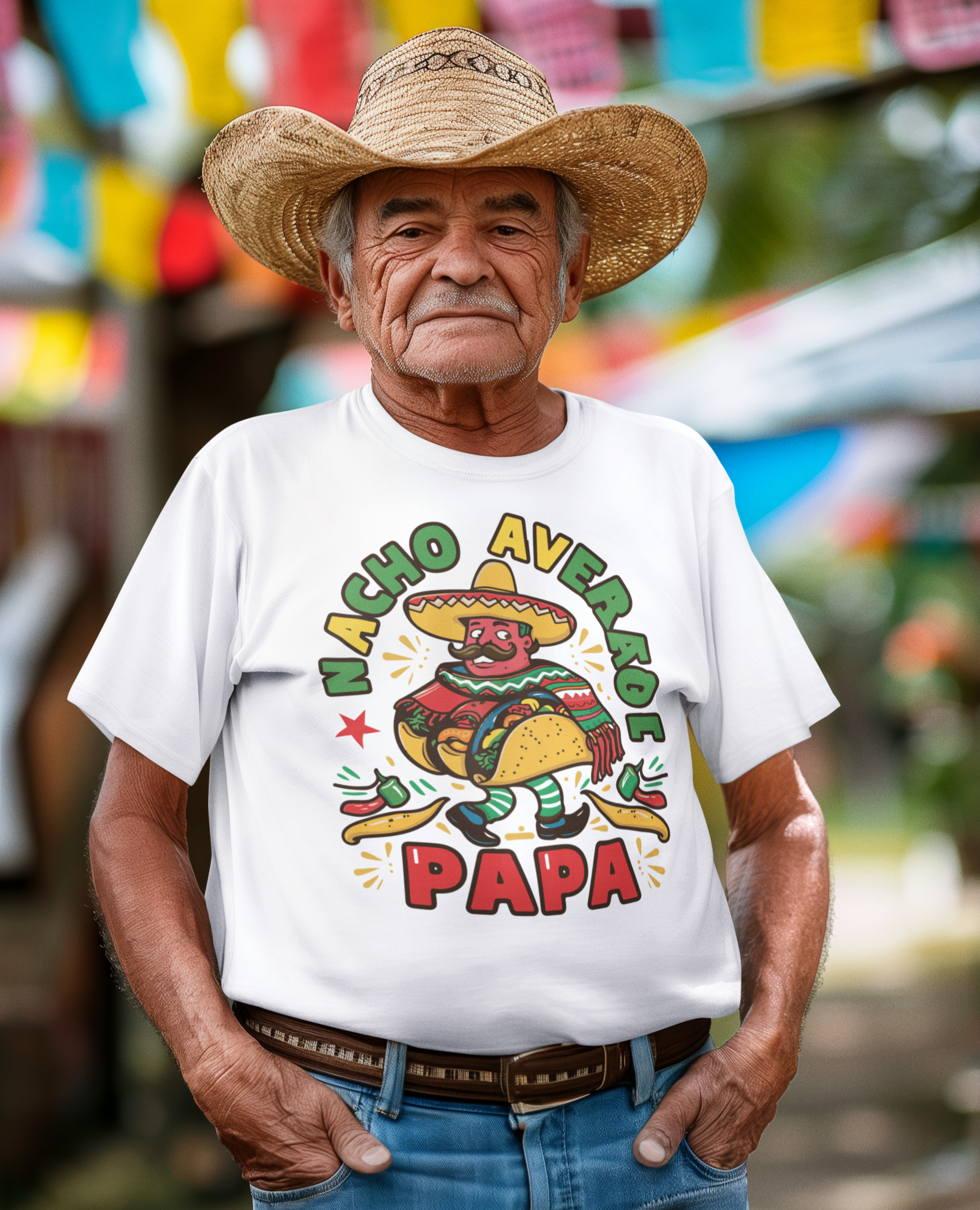 Ηλικιωμένος άντρας με καουμπόικο καπέλο φοράει λευκό t-shirt με πολύχρωμο σχέδιο “Nacho Average Papa” σε υπαίθρια μεξικάνικη γιορτή.
