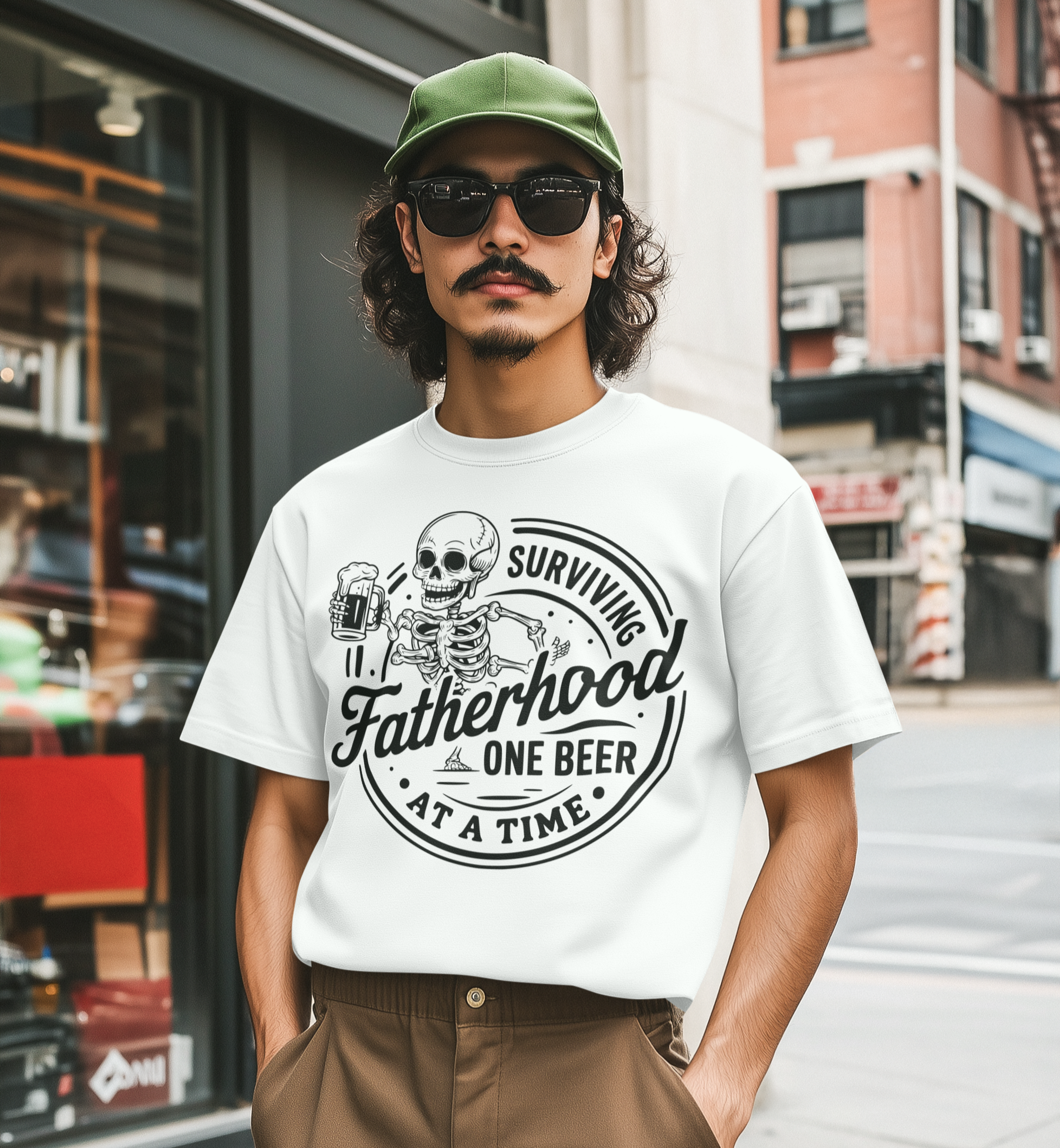 Άντρας με μουστάκι, γυαλιά και καπέλο φοράει λευκό t-shirt με σχέδιο σκελετό και το μήνυμα “Surviving Fatherhood One Beer at a Time” στο κέντρο της πόλης.